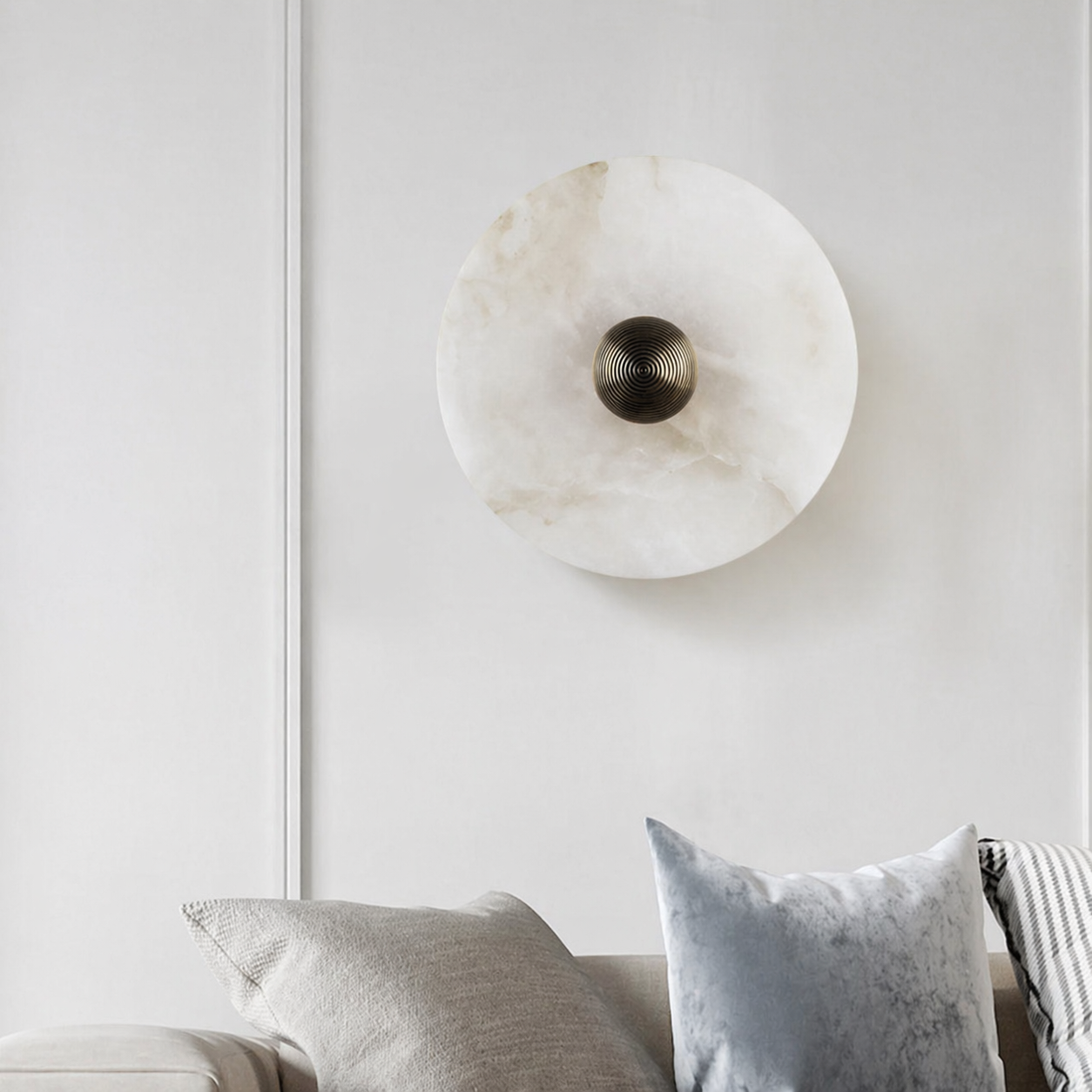 LuxRoyale Round Alabaster Wall Lamp With Fluted Brass Center And Hidden LED Glow