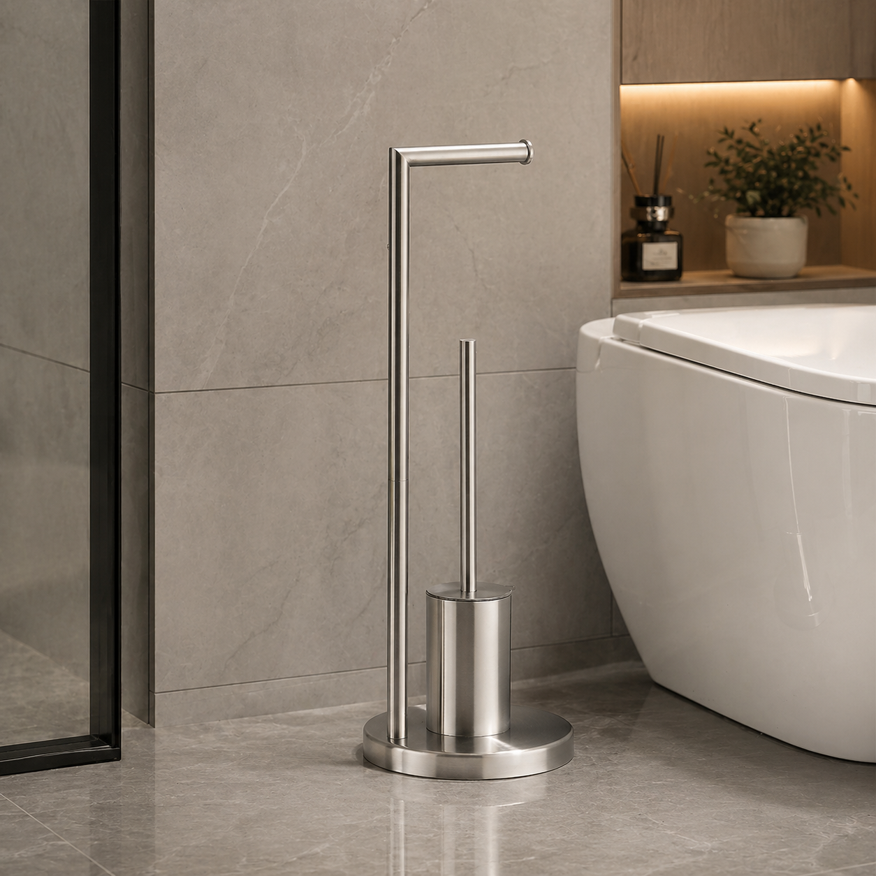 Lumora Toilet Paper Holder With Integrated Brush, Space-Saving Modern Bathroom Organizer