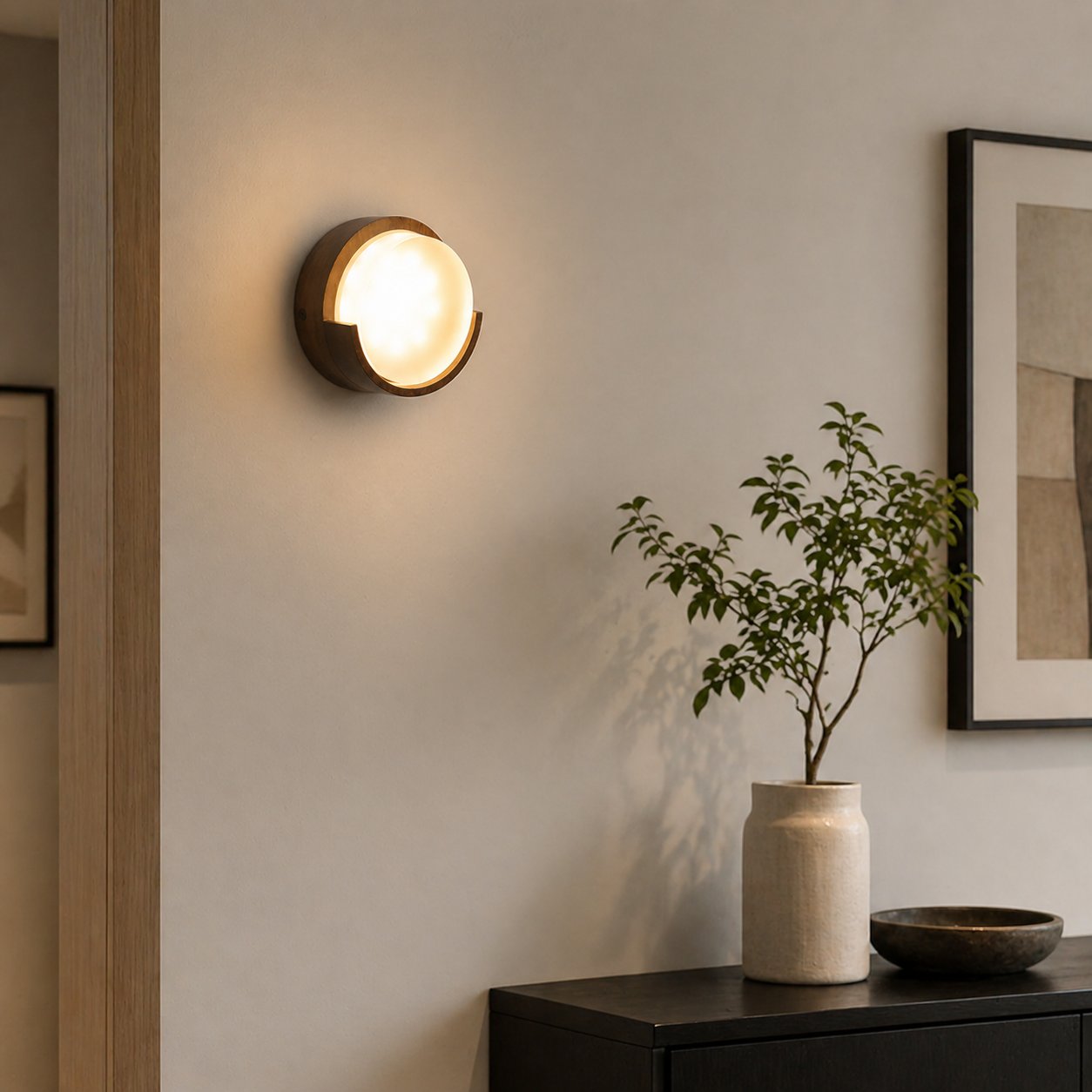Lumora Wood And Metal Wall Lamp, Japandi Style Ambient Lighting For Hallway, Living Room