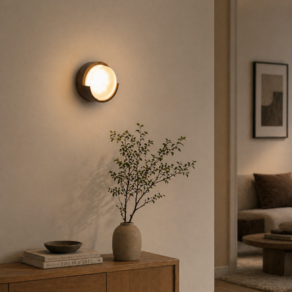 Lumora Wood And Metal Wall Lamp, Japandi Style Ambient Lighting For Hallway, Living Room