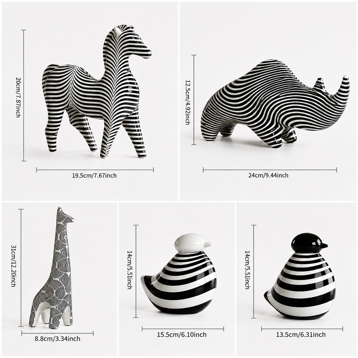 RoyaleGlow Nordic Striped Bird Figurine - Modern Black & White Ceramic Decor