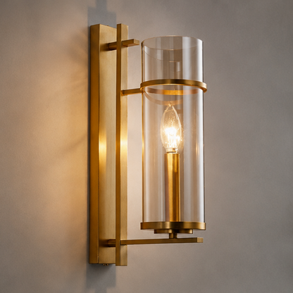 RoyaleGlow Farmhouse Brass Wall Sconce with Clear Cylinder Glass Shade - Royale Basic