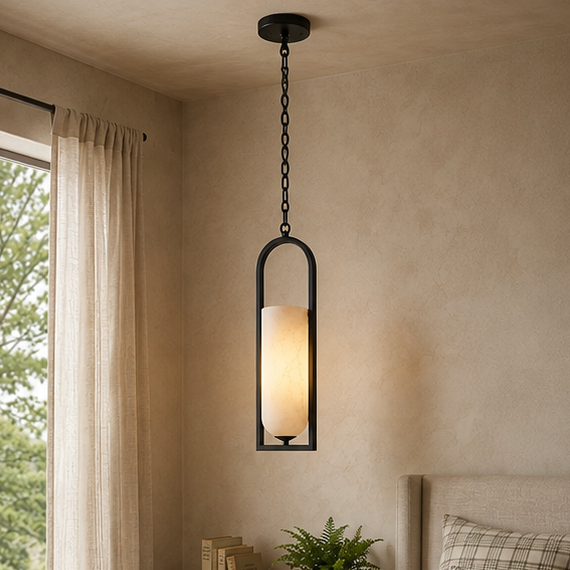 Royelux Alabaster Cylinder Pendant Light with Chain for Hallway, Bedroom, Lounge & Entryway - Royale Basic