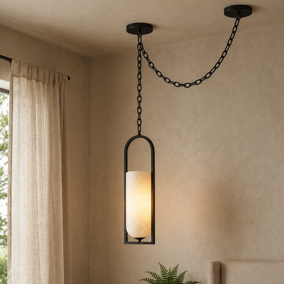 Royelux Alabaster Cylinder Pendant Light with Chain for Hallway, Bedroom, Lounge & Entryway - Royale Basic