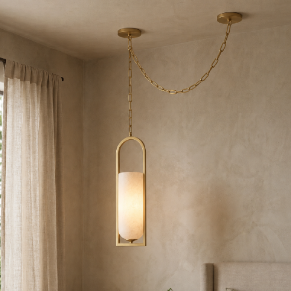 Royelux Alabaster Cylinder Pendant Light with Chain for Hallway, Bedroom, Lounge & Entryway - Royale Basic
