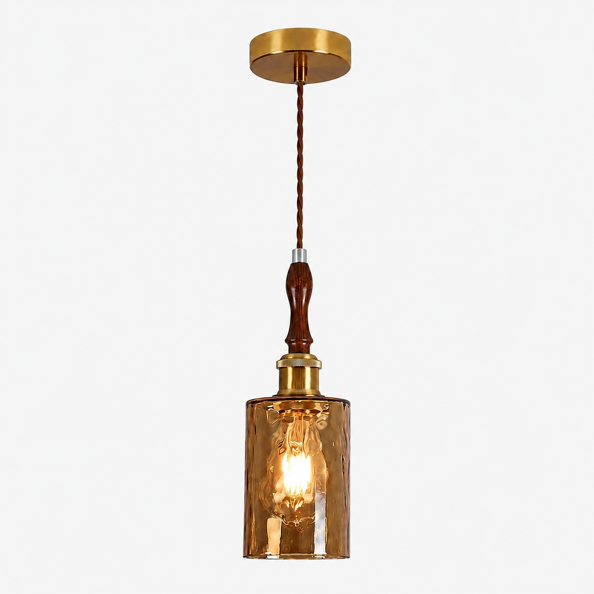 RoyaleGlow Glass Pendant Light with Walnut Wood & Brass for Kitchen Island - Royale Basic