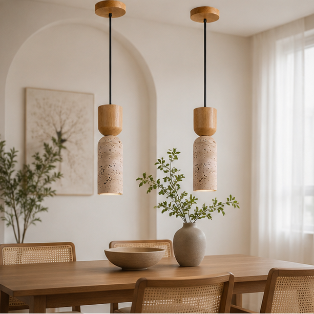RoyaleGlow Wabi Sabi Travertine Pendant Light-Minimalist Wood Stone Finish Ceiling Lamp