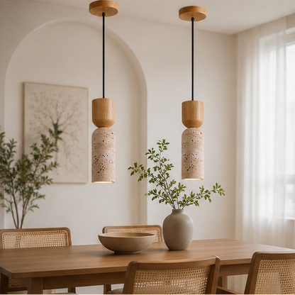 RoyaleGlow Wabi Sabi Travertine Pendant Light-Minimalist Wood Stone Finish Ceiling Lamp