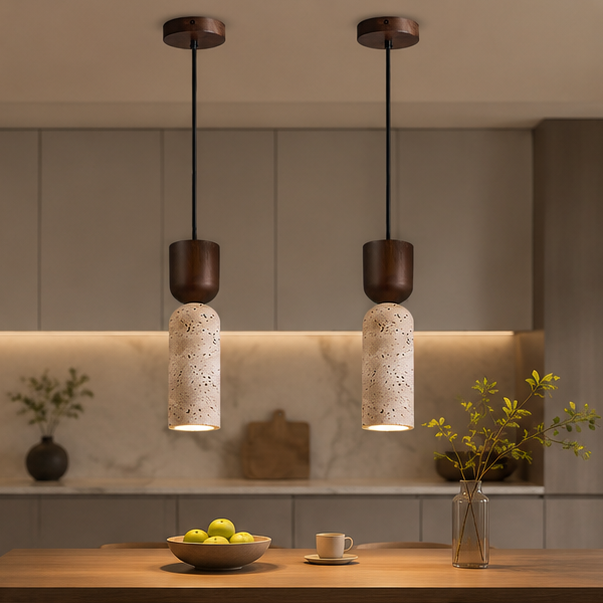 RoyaleGlow Wabi Sabi Travertine Pendant Light-Minimalist Wood Stone Finish Ceiling Lamp