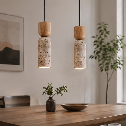 RoyaleGlow Wabi Sabi Travertine Pendant Light-Minimalist Wood Stone Finish Ceiling Lamp
