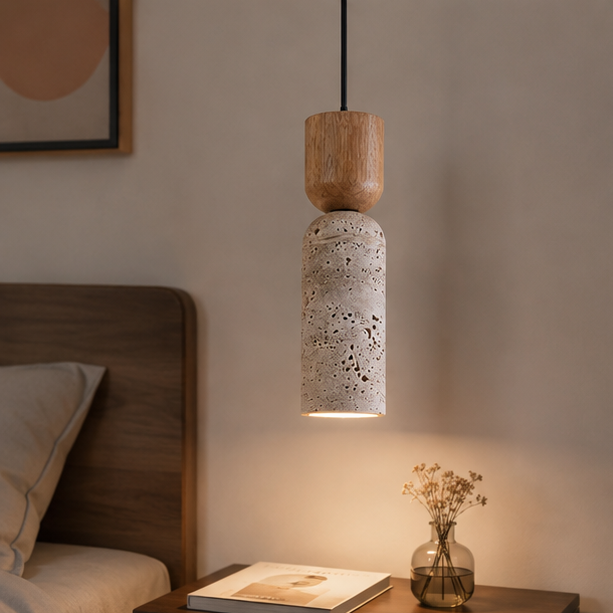 RoyaleGlow Wabi Sabi Travertine Pendant Light-Minimalist Wood Stone Finish Ceiling Lamp