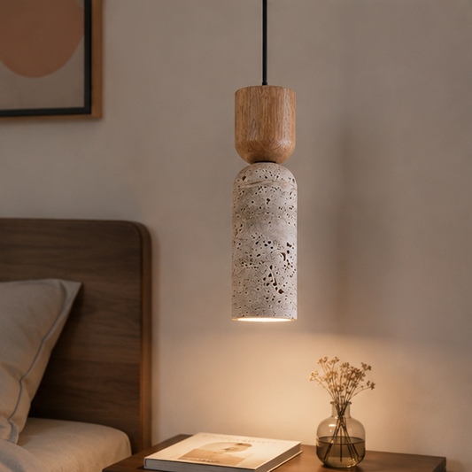 RoyaleGlow Wabi Sabi Travertine Pendant Light-Minimalist Wood Stone Finish Ceiling Lamp