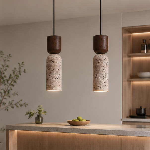 RoyaleGlow Wabi Sabi Travertine Pendant Light-Minimalist Wood Stone Finish Ceiling Lamp