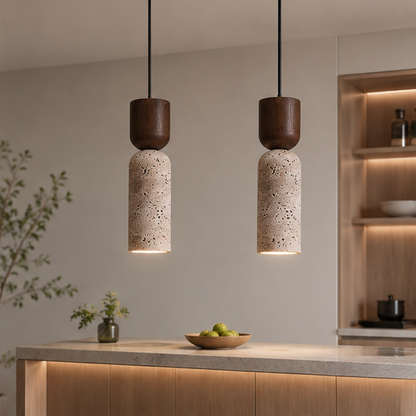 RoyaleGlow Wabi Sabi Travertine Pendant Light-Minimalist Wood Stone Finish Ceiling Lamp