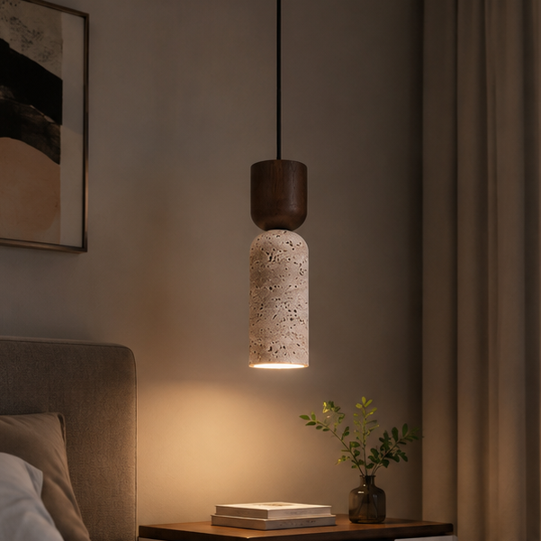 RoyaleGlow Wabi Sabi Travertine Pendant Light-Minimalist Wood Stone Finish Ceiling Lamp
