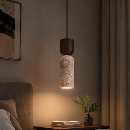 RoyaleGlow Wabi Sabi Travertine Pendant Light-Minimalist Wood Stone Finish Ceiling Lamp