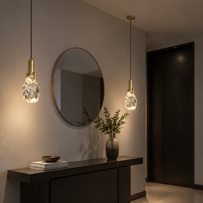 RoyaleGlow Faceted Crystal Pendant Light with Brushed Gold Accents for Dining & Bedroom