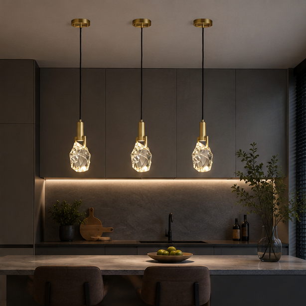RoyaleGlow Faceted Crystal Pendant Light with Brushed Gold Accents for Dining & Bedroom