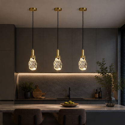 RoyaleGlow Faceted Crystal Pendant Light with Brushed Gold Accents for Dining & Bedroom