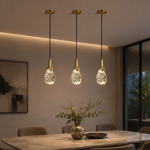 RoyaleGlow Faceted Crystal Pendant Light with Brushed Gold Accents for Dining & Bedroom