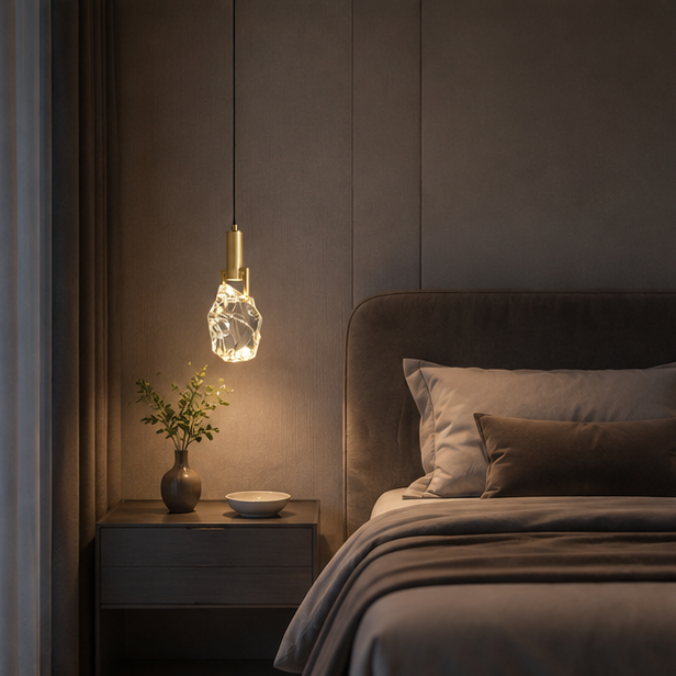 RoyaleGlow Faceted Crystal Pendant Light with Brushed Gold Accents for Dining & Bedroom