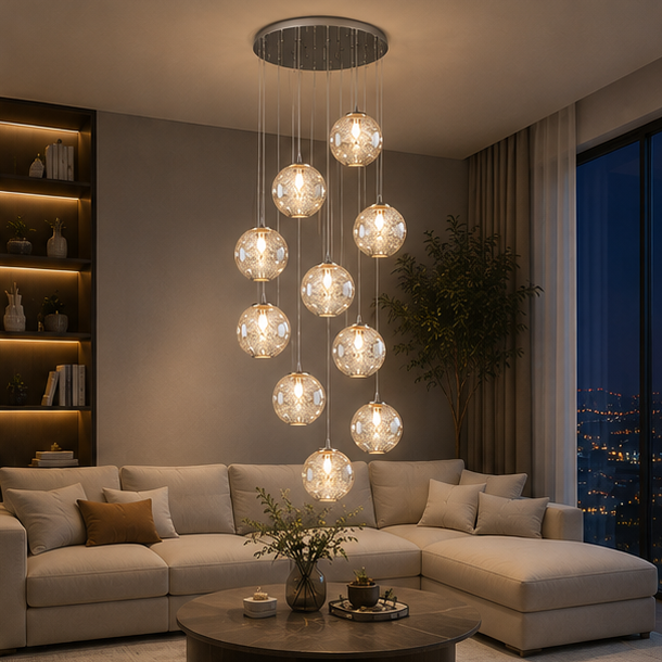 LuxRoyale Cascading Cognac Glass Sphere Pendant Chandelier for Stairwell Entryway