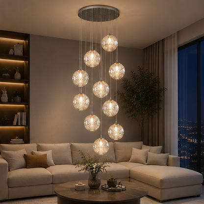 LuxRoyale Cascading Cognac Glass Sphere Pendant Chandelier for Stairwell Entryway