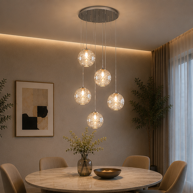 LuxRoyale Cascading Cognac Glass Sphere Pendant Chandelier for Stairwell Entryway