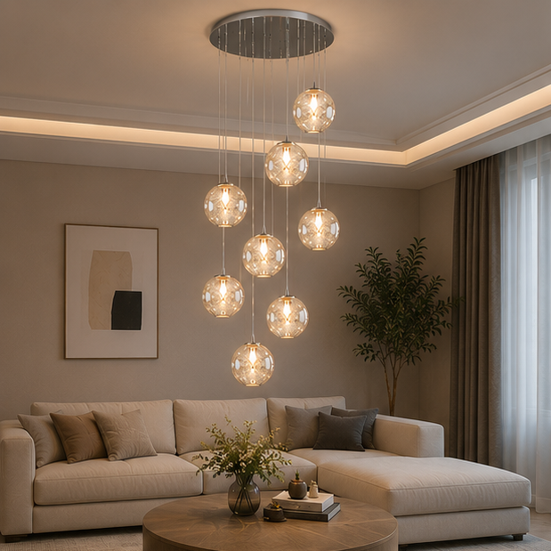 LuxRoyale Cascading Cognac Glass Sphere Pendant Chandelier for Stairwell Entryway