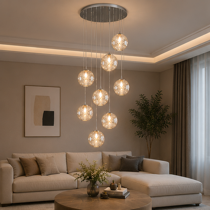 LuxRoyale Cascading Cognac Glass Sphere Pendant Chandelier for Stairwell Entryway