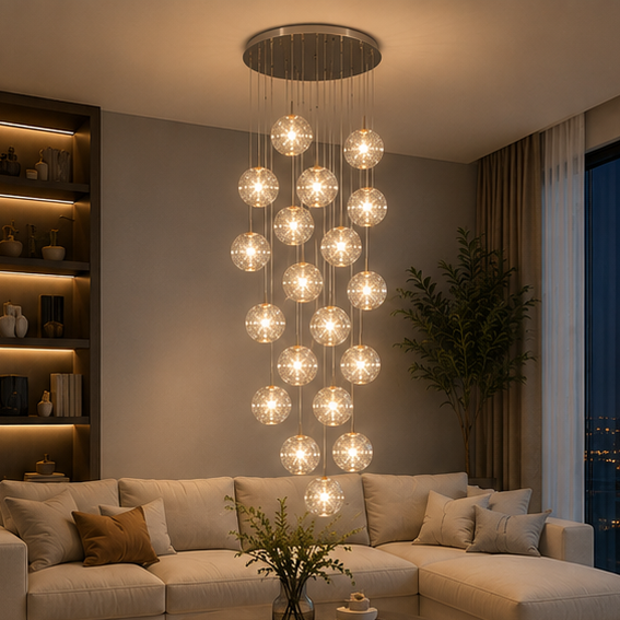 LuxRoyale Cascading Cognac Glass Sphere Pendant Chandelier for Stairwell Entryway