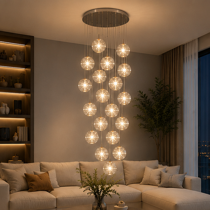 LuxRoyale Cascading Cognac Glass Sphere Pendant Chandelier for Stairwell Entryway