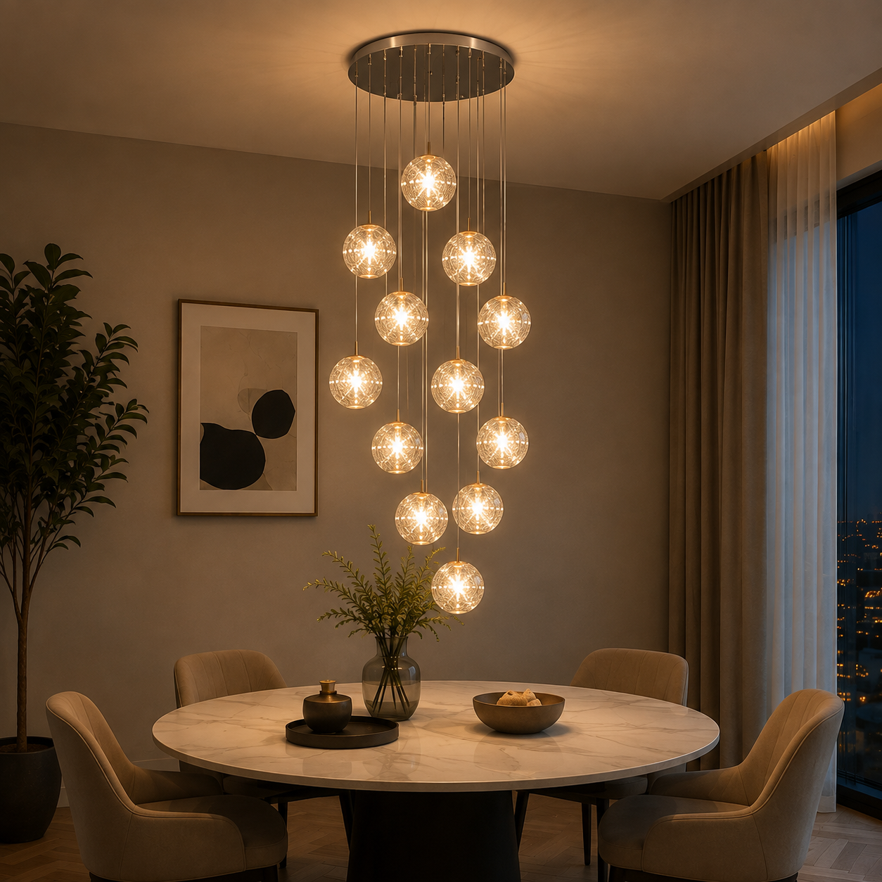 LuxRoyale Cascading Cognac Glass Sphere Pendant Chandelier for Stairwell Entryway