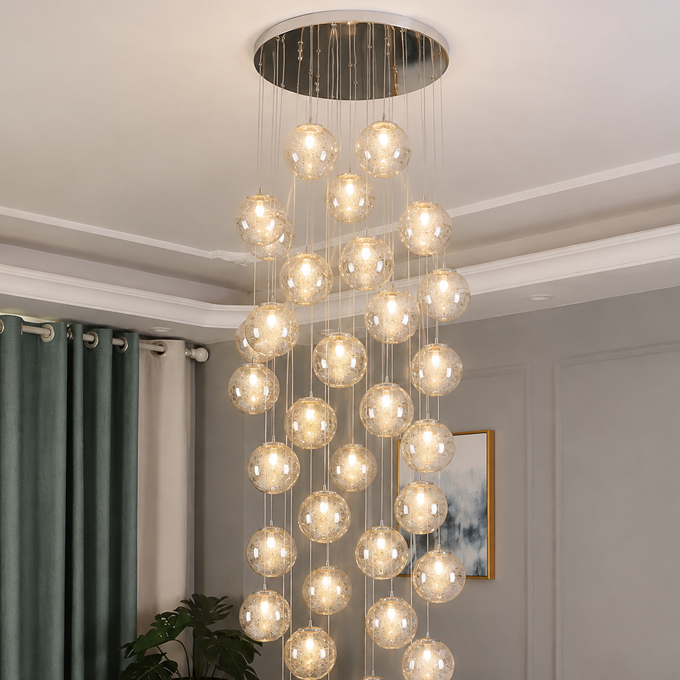 LuxRoyale Cascading Cognac Glass Sphere Pendant Chandelier for Stairwell Entryway