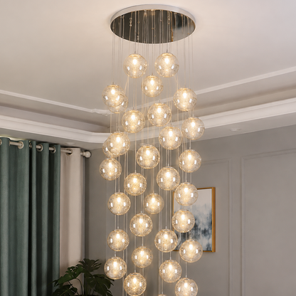 LuxRoyale Cascading Cognac Glass Sphere Pendant Chandelier for Stairwell Entryway