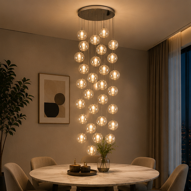 LuxRoyale Cascading Cognac Glass Sphere Pendant Chandelier for Stairwell Entryway