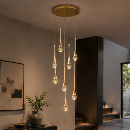 LuxRoyale Waterfall Gold LED Crystal Chandelier for Staircase Entryway