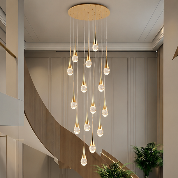 LuxRoyale Waterfall Gold LED Crystal Chandelier for Staircase Entryway