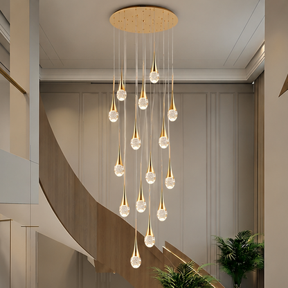 LuxRoyale Waterfall Gold LED Crystal Chandelier for Staircase Entryway