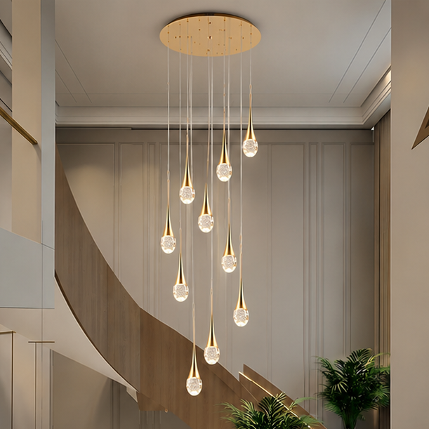LuxRoyale Waterfall Gold LED Crystal Chandelier for Staircase Entryway