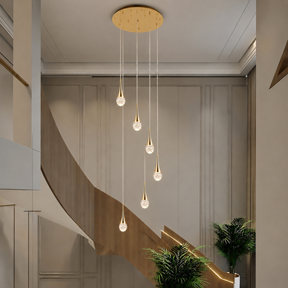 LuxRoyale Waterfall Gold LED Crystal Chandelier for Staircase Entryway