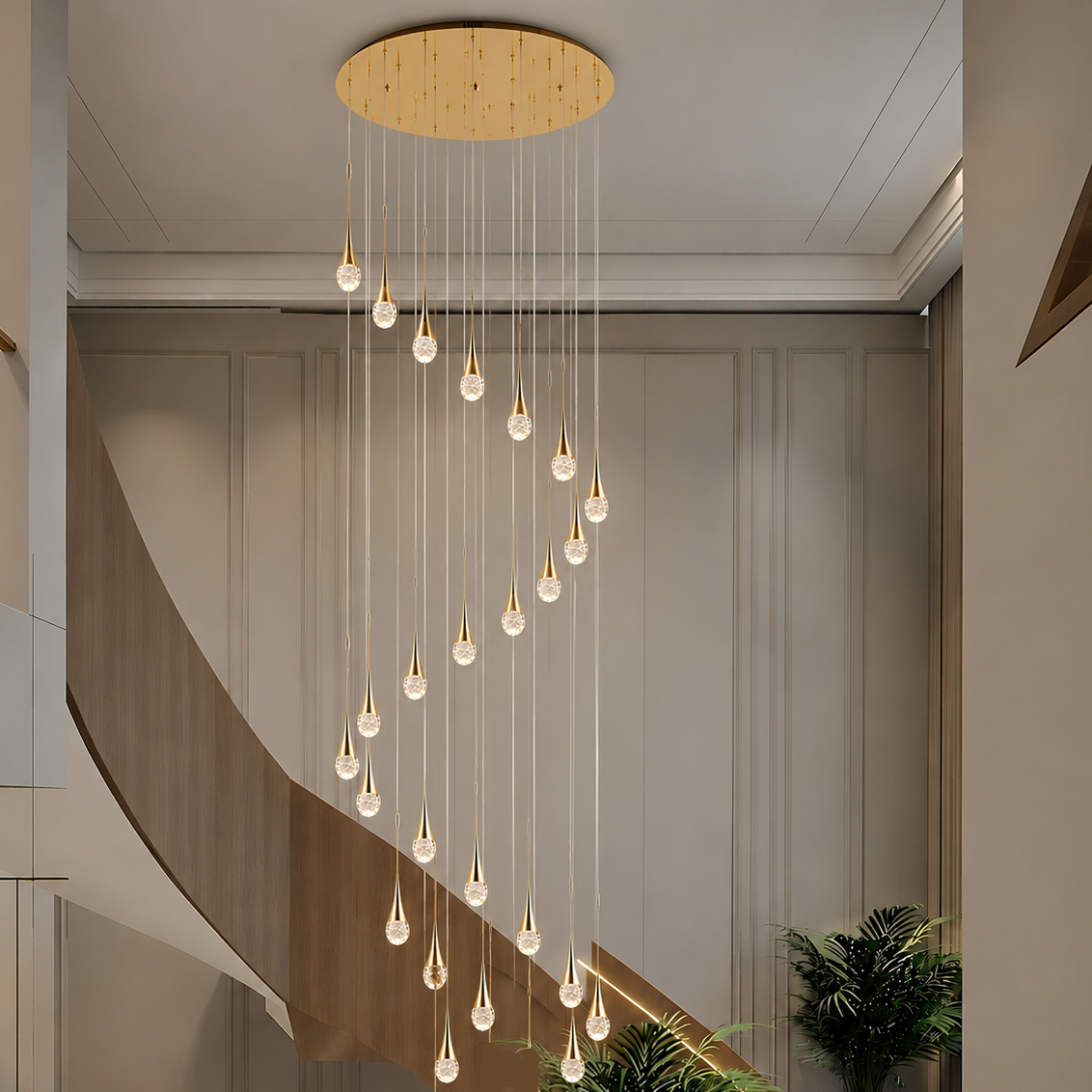 LuxRoyale Waterfall Gold LED Crystal Chandelier for Staircase Entryway