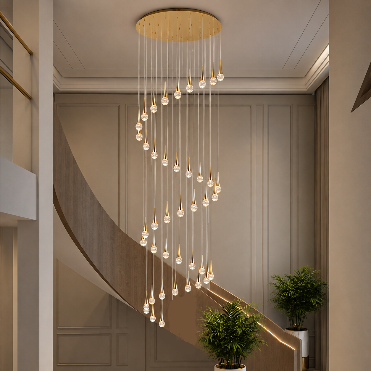 LuxRoyale Waterfall Gold LED Crystal Chandelier for Staircase Entryway