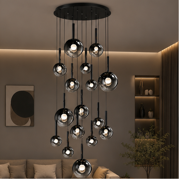 RoyaleGlow Modern Glass Bubble Pendant Chandelier for High Ceilings & Staircases