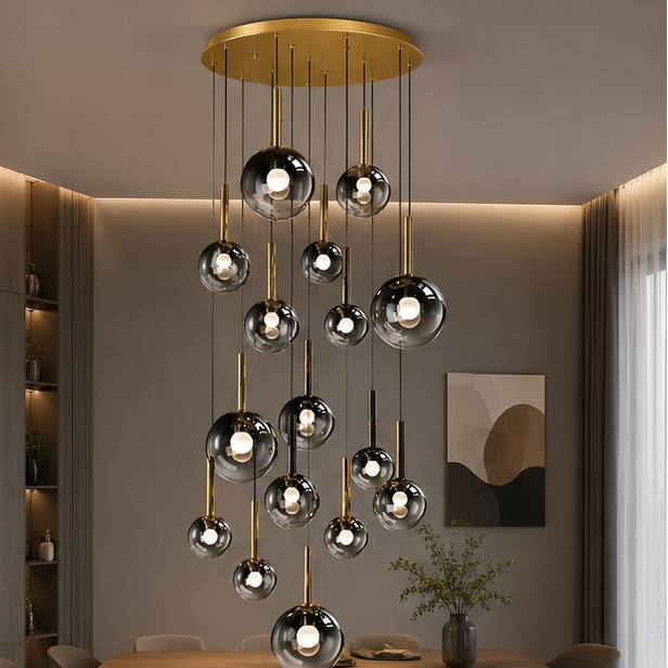 RoyaleGlow Modern Glass Bubble Pendant Chandelier for High Ceilings & Staircases