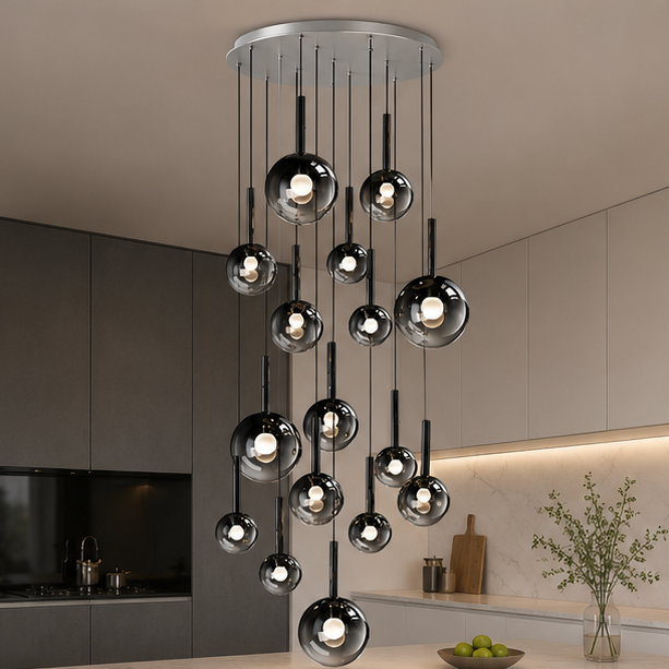RoyaleGlow Modern Glass Bubble Pendant Chandelier for High Ceilings & Staircases