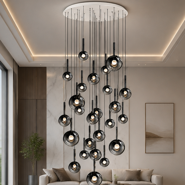 RoyaleGlow Modern Glass Bubble Pendant Chandelier for High Ceilings & Staircases