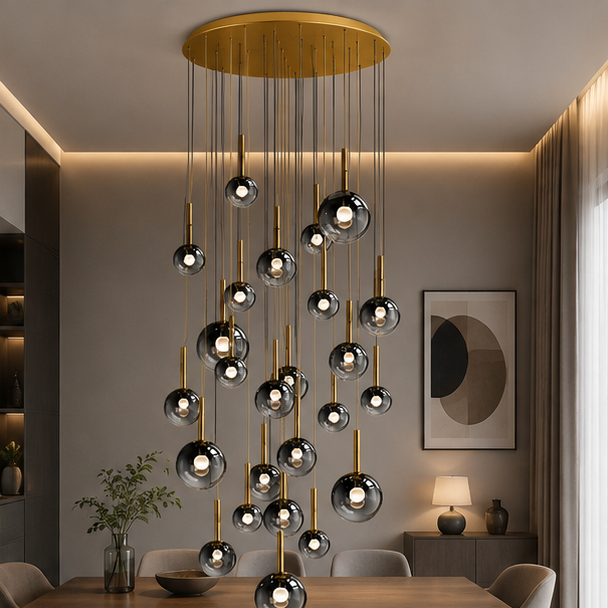 RoyaleGlow Modern Glass Bubble Pendant Chandelier for High Ceilings & Staircases