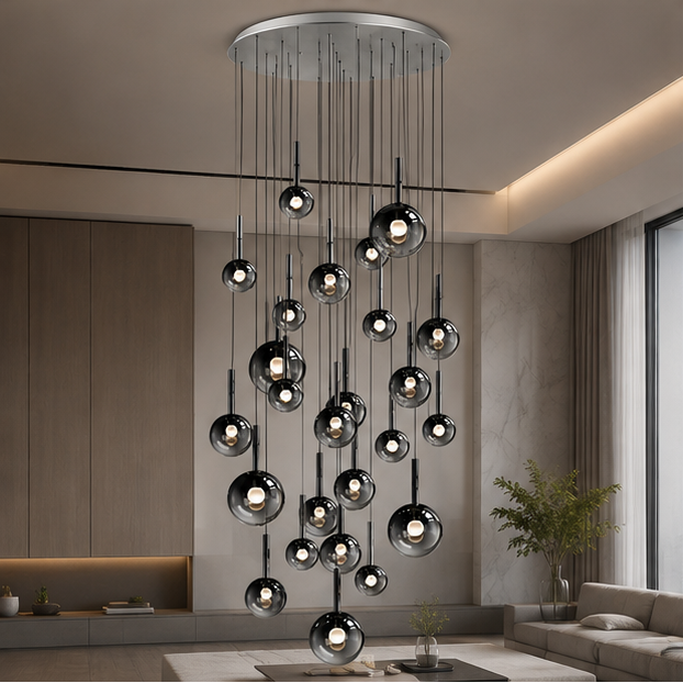 RoyaleGlow Modern Glass Bubble Pendant Chandelier for High Ceilings & Staircases