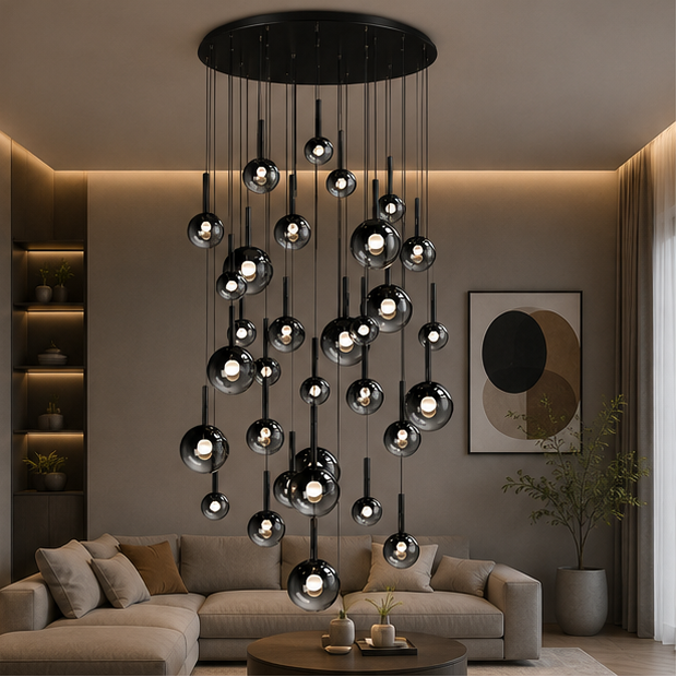 RoyaleGlow Modern Glass Bubble Pendant Chandelier for High Ceilings & Staircases